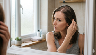 Une femme de 35 ans examine l'élargissement de sa raie au milieu dans un miroir de salle de bain pour augmenter la densité de ses cheveux.