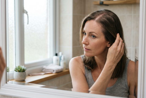 Une femme de 35 ans examine l'élargissement de sa raie au milieu dans un miroir de salle de bain pour augmenter la densité de ses cheveux.