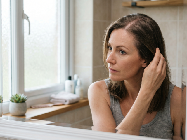 Une femme de 35 ans examine l'élargissement de sa raie au milieu dans un miroir de salle de bain pour augmenter la densité de ses cheveux.