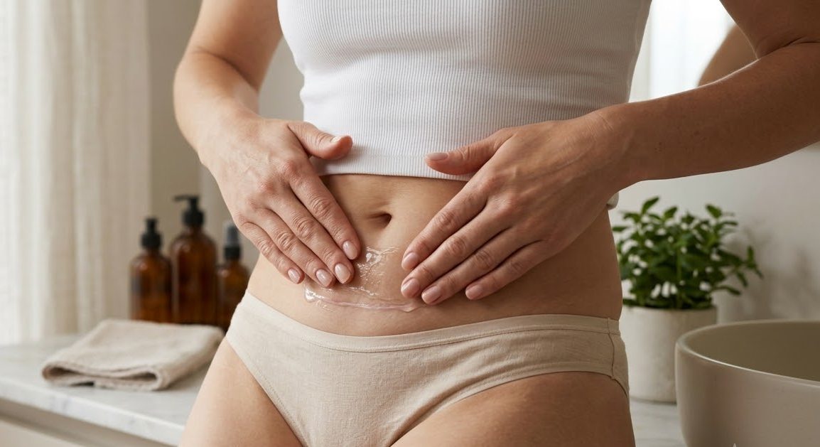 Mains d'une femme appliquant un gel de silicone protecteur sur sa cicatrice de chirurgie abdominale.