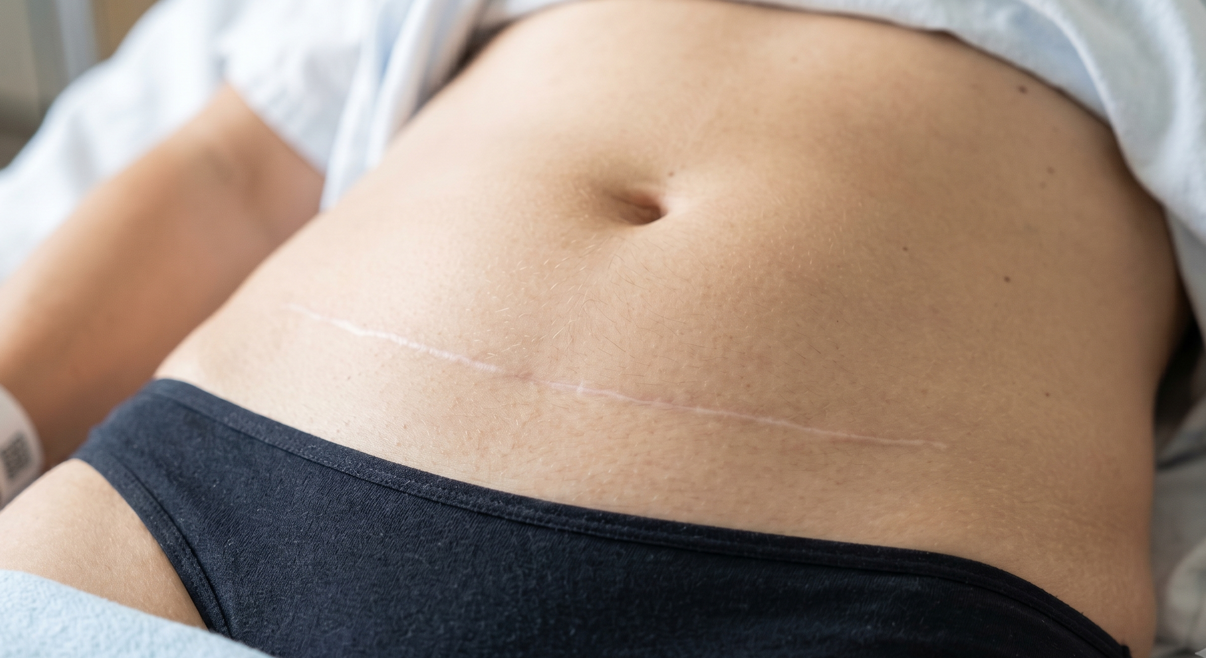 Vue rapprochée d'une cicatrice d'abdominoplastie blanche et stable un an après la chirurgie abdominale.