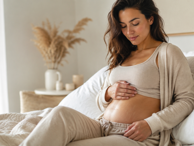 Vergetures femme enceinte sur le ventre avant camouflage esthétique