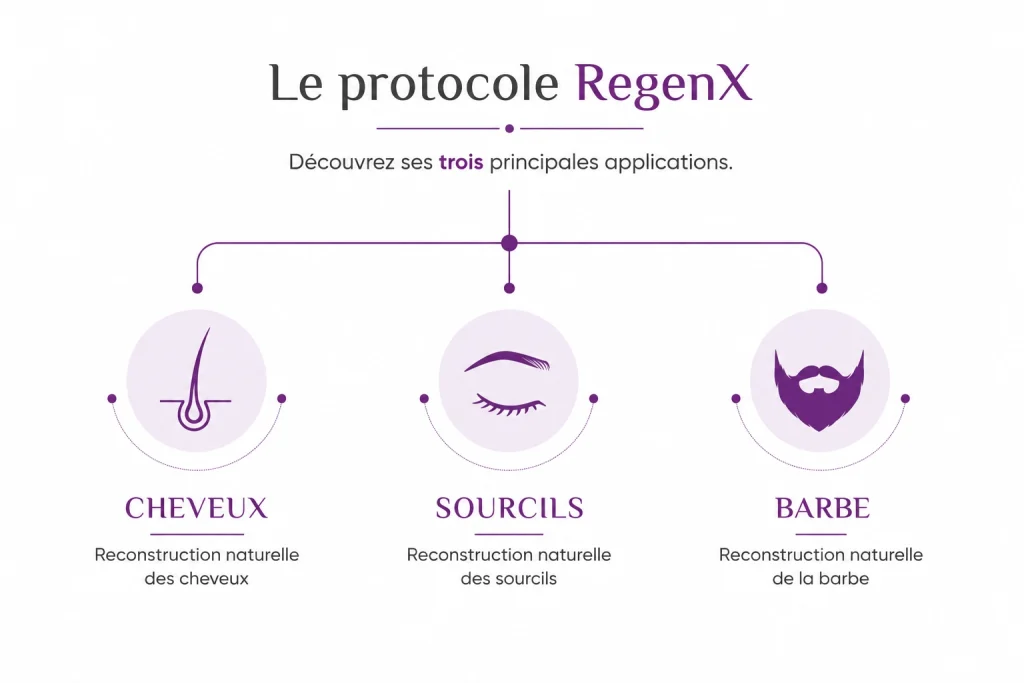 Schéma présentant les trois principales applications du protocole RegenX : reconstruction capillaire des cheveux, des sourcils et de la barbe à Amiens.