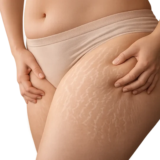 Vergetures blanches visibles sur les cuisses après une prise ou une perte de poids importante.