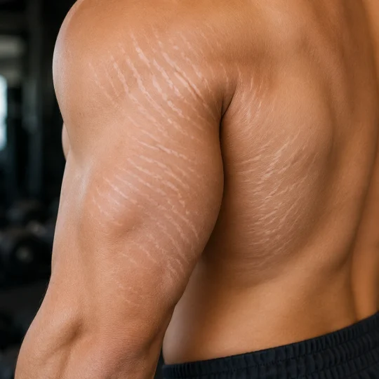 Jeune homme présentant des vergetures blanches sur l'épaule et le bras après une prise de masse musculaire rapide.
