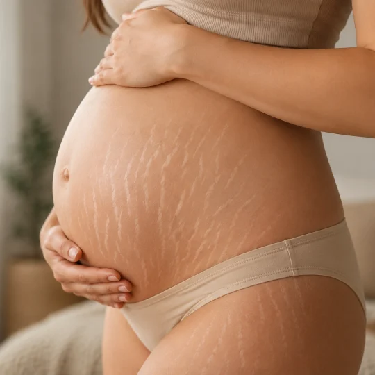 Femme enceinte présentant des vergetures blanches sur le ventre, illustration des vergetures liées à la grossesse.